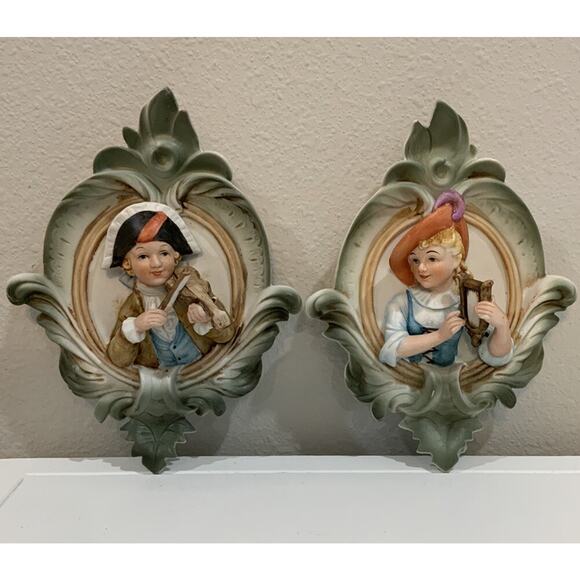 Vtg Hand Painted Porcelain Bisque Wall Hanging Decor Boy Girl Musical Instrument - Picture 1 of 12